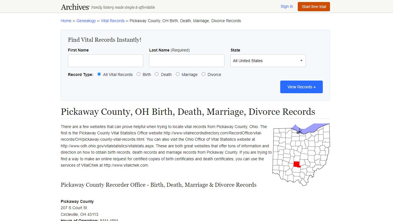 Pickaway County, OH Birth, Death, Marriage, Divorce Records - Archives.com